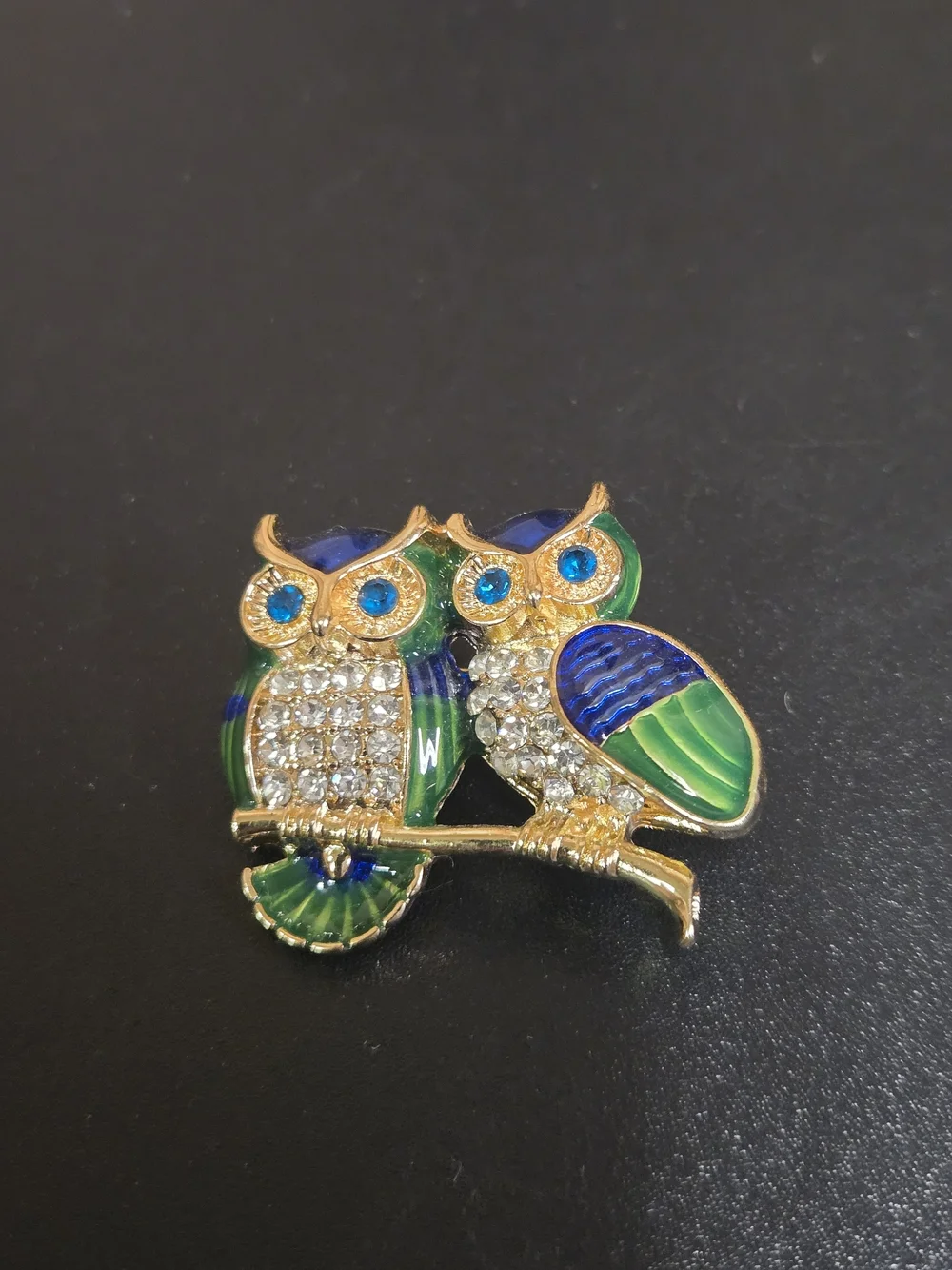 Gold-Tone Owl Duo Brooch with Blue & Green Enamel and Clear Crystals